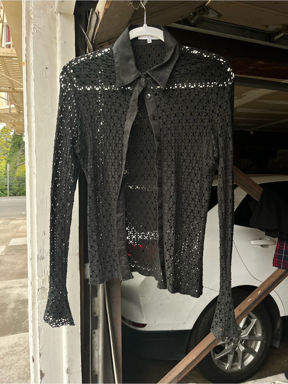 Anne Fontaine Black Eyelet Crochet Button-Down Shirt